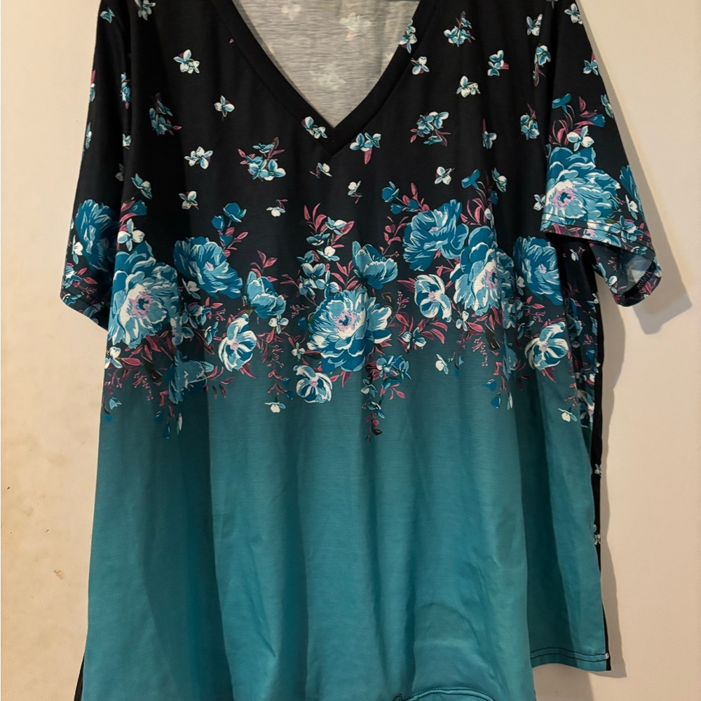 SHEIN Black and Teal Floral Top